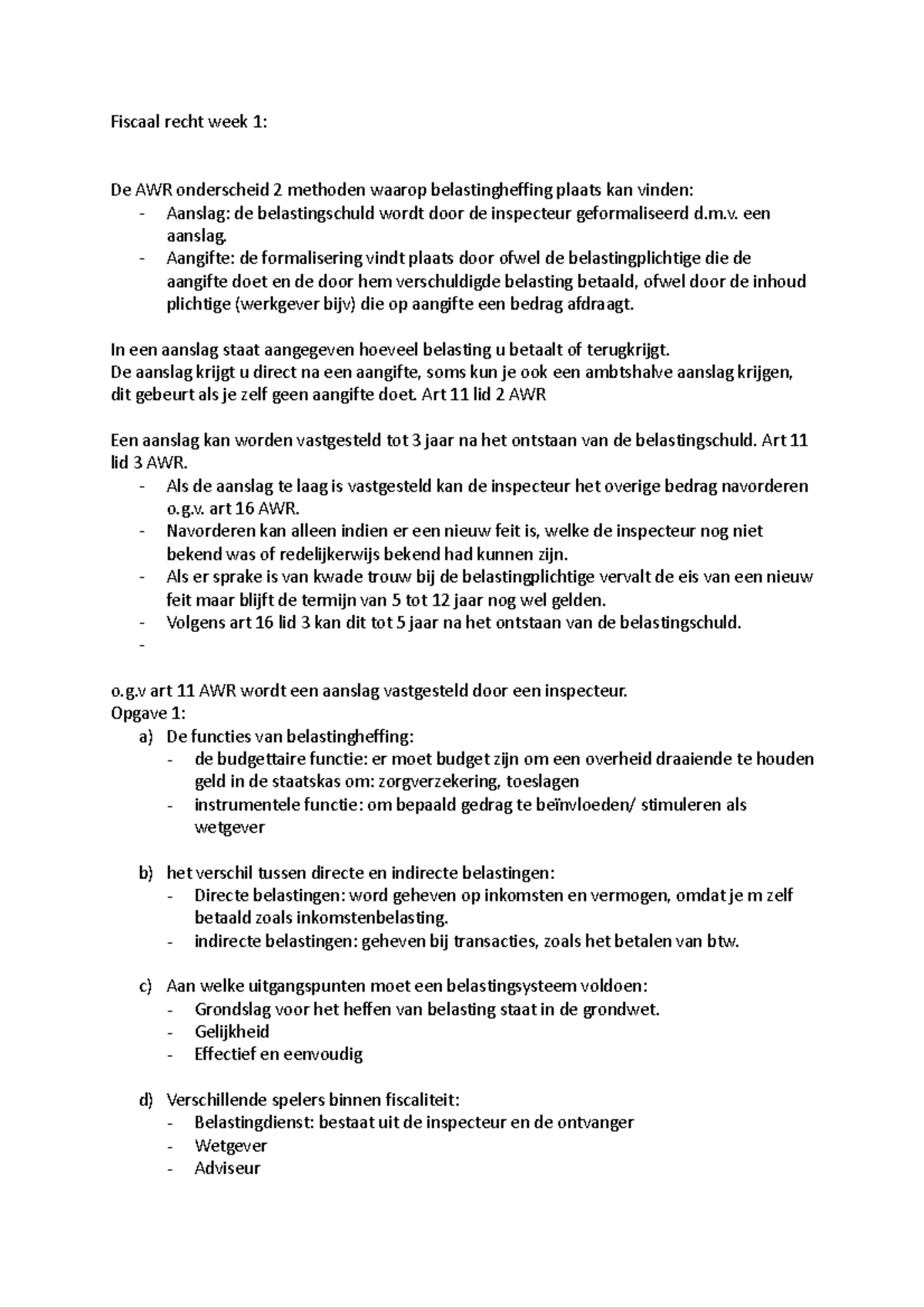 Fiscaal Recht Week 1 Opdrachten: Belastingheffing en AWR Analyse -  Studeersnel