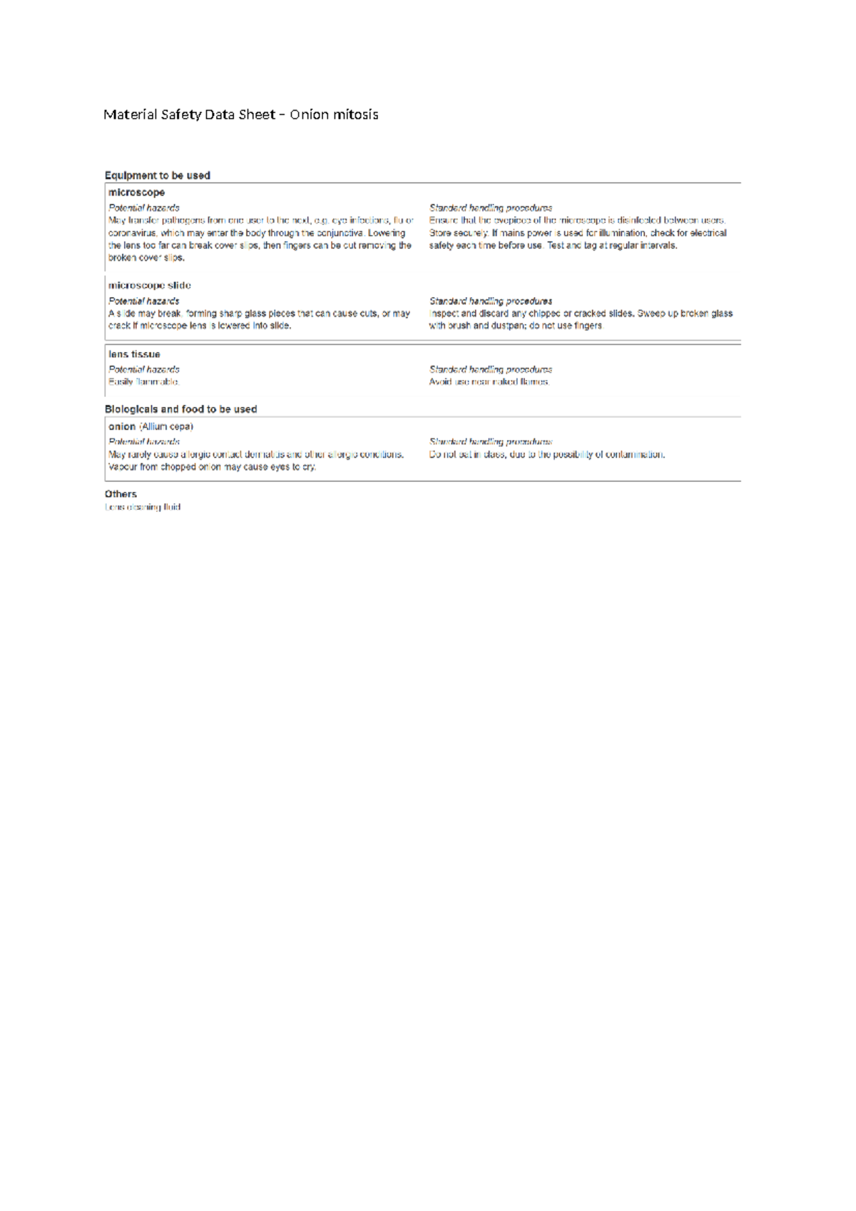 Safety Considerations - MSDS for Onion Mitosis Equipment - Studocu
