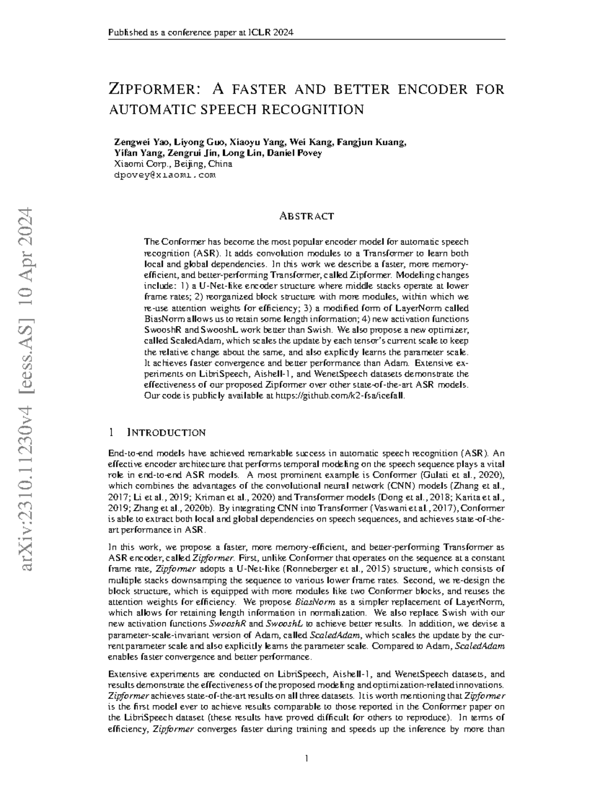 ICLR 2024 Conference Paper: Zipformer - Enhanced ASR Encoder - Studocu