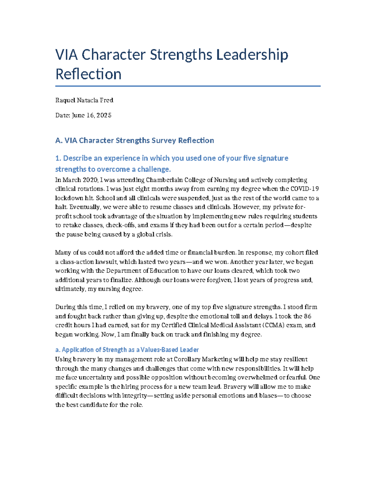 D253 Leadership Reflection: VIA Character Strengths by Raquel Fred ...