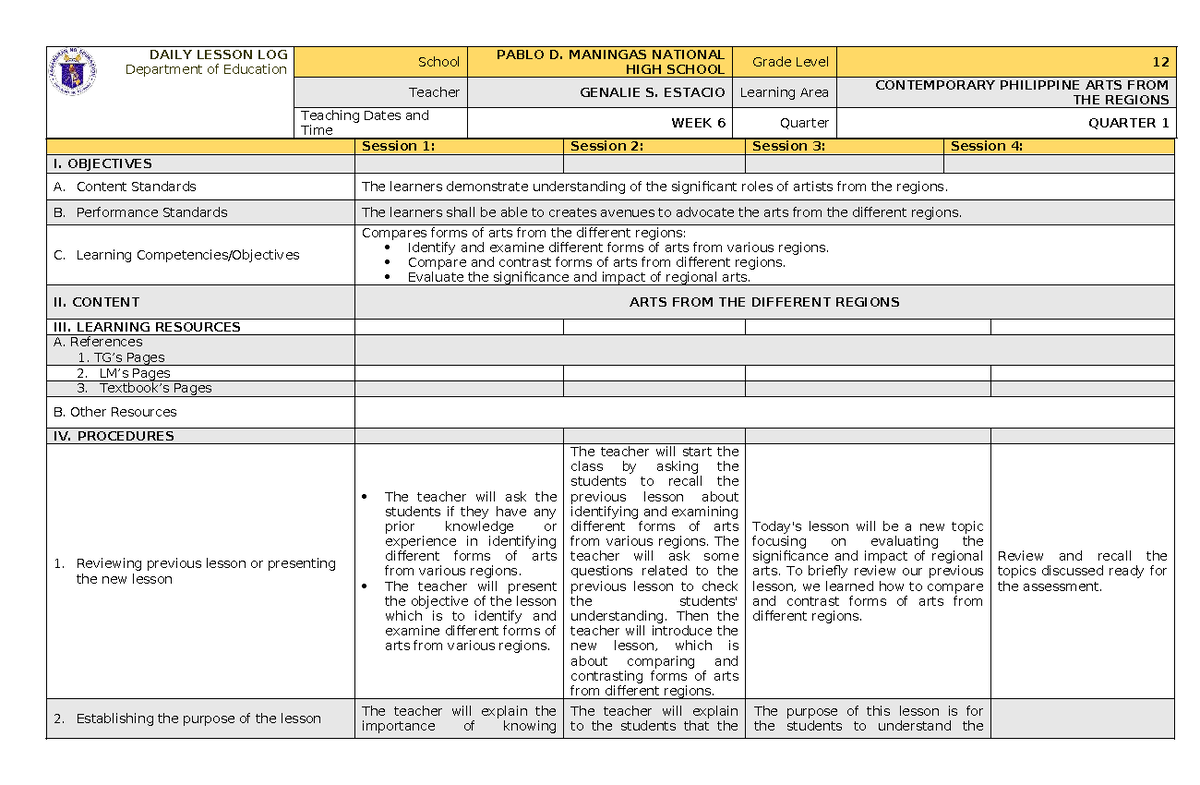 CPAR 12 Q1 WEEK 6 - LESSON PLAN ON REGIONAL ARTS - Studocu