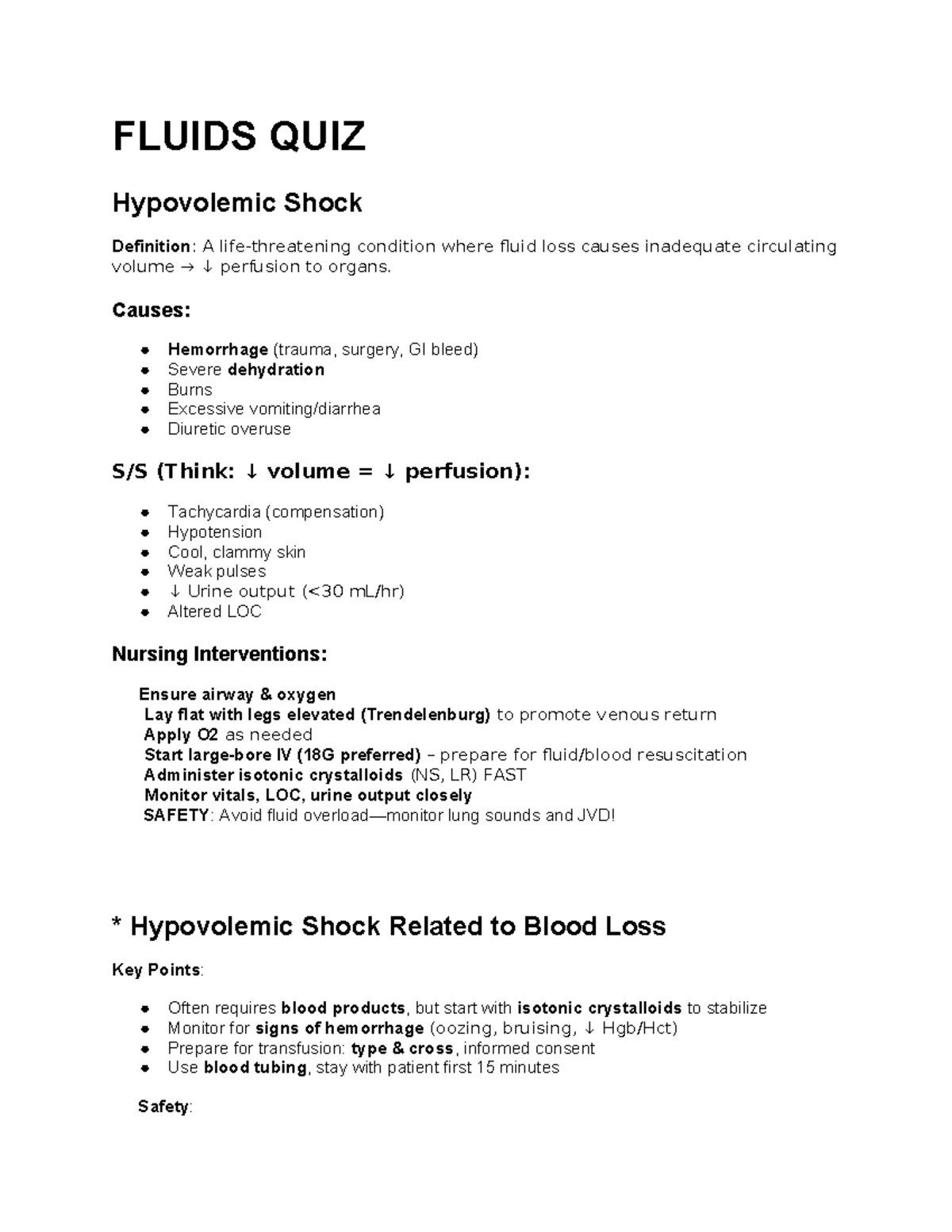 FLUIDS QUIZ Study Guide: Understanding Hypovolemic Shock and ...