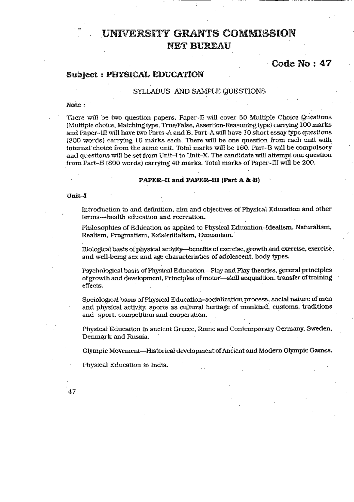 PHYSICAL EDUCATION SYLLABUS & SAMPLE QUESTIONS (Code No: 47) - Studocu