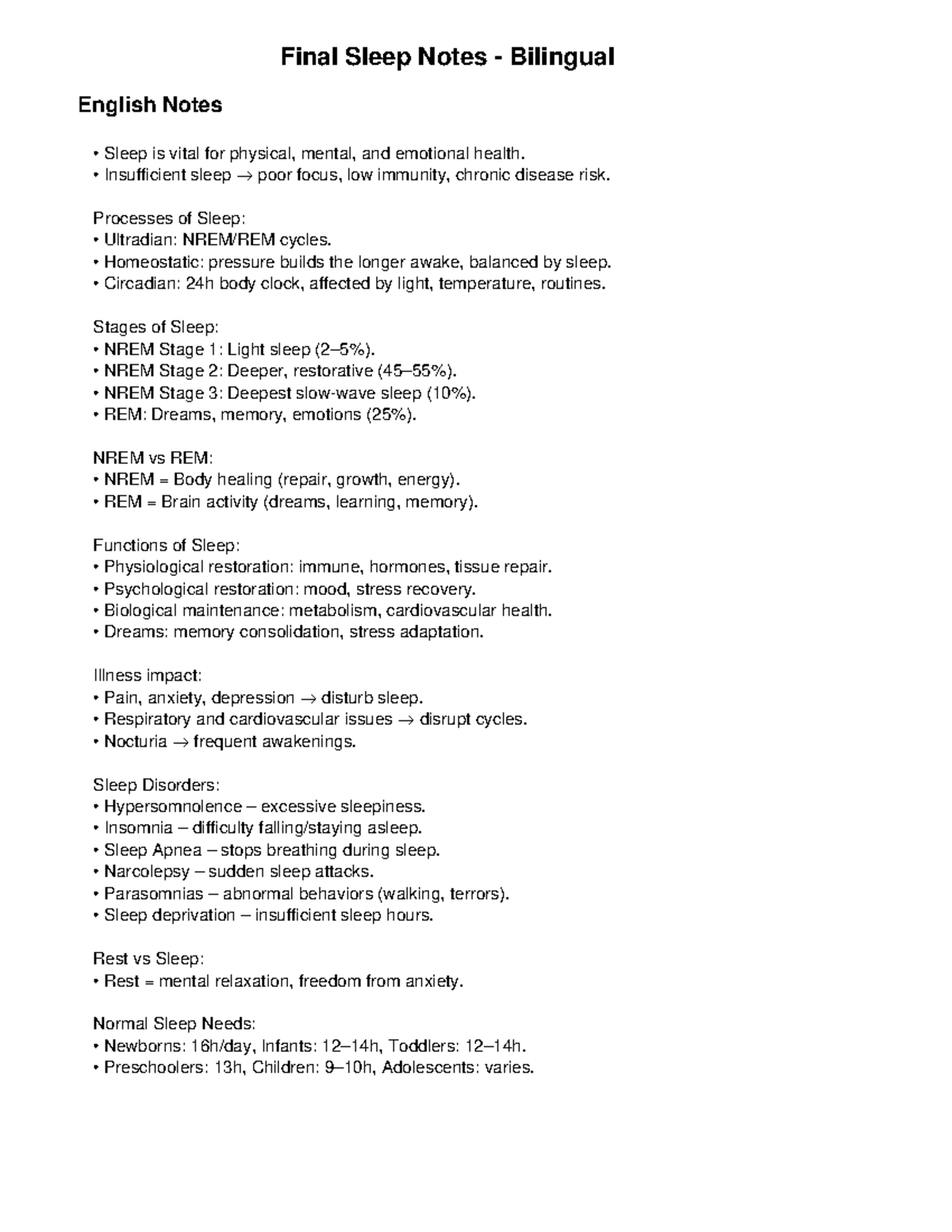 Final Sleep Notes - Bilingual Study Guide - Studocu