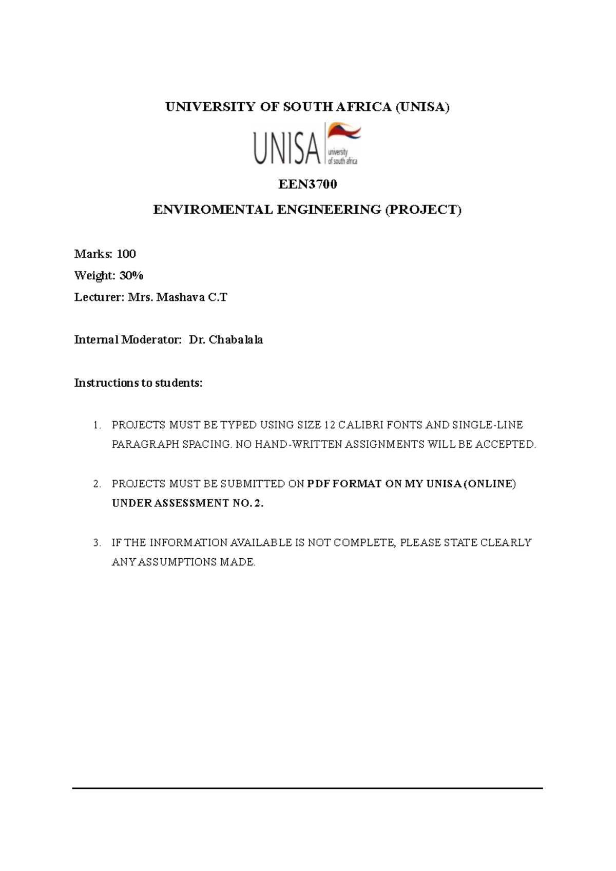 EEN3701 2024 Assessment 1 - Environmental Engineering Memo - Studocu