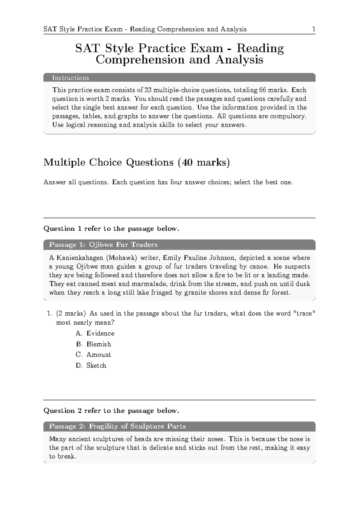 SAT Practice Exam Reading Comprehension & Analysis 1 - Studocu