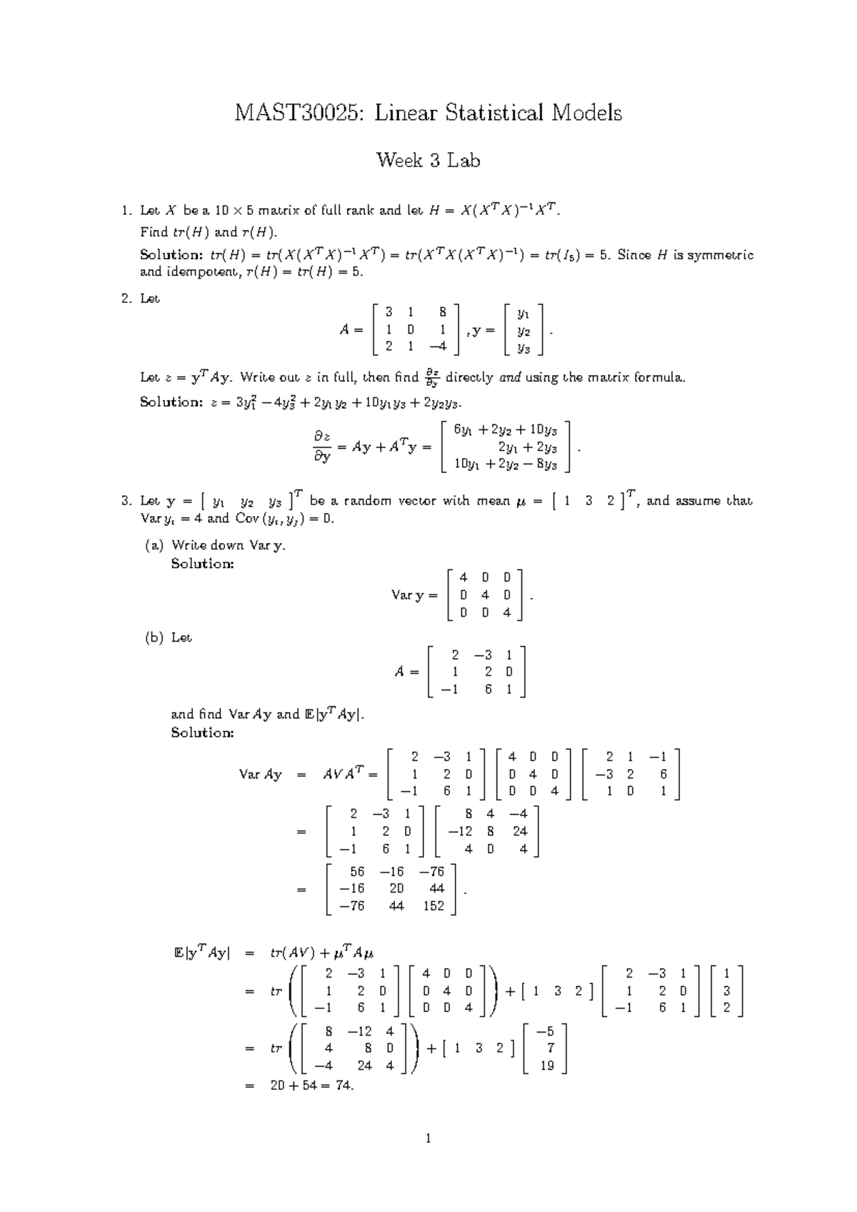 Lab3sol - MAST30025: Linear Statistical Models Week 3 Lab LetXbe a 10×5 ...