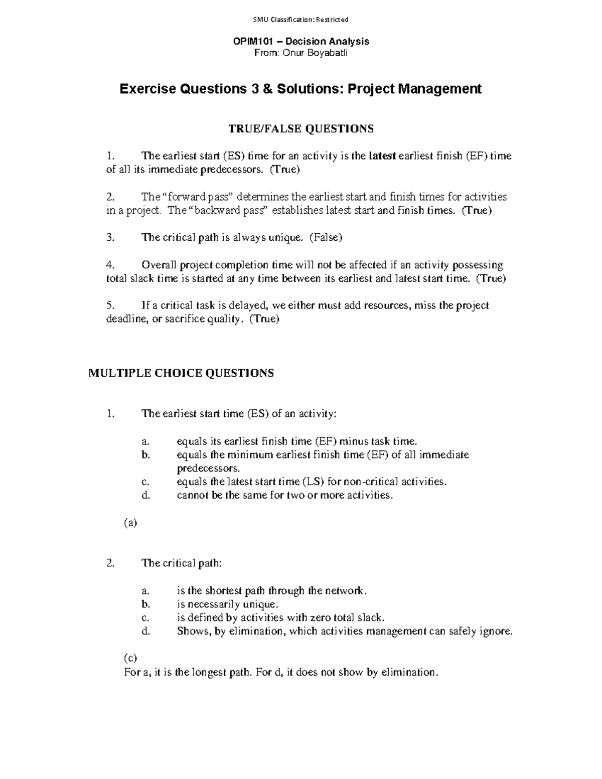 OPIM101 - Decision Analysis: Exercise 3 Questions & Solutions - Studocu