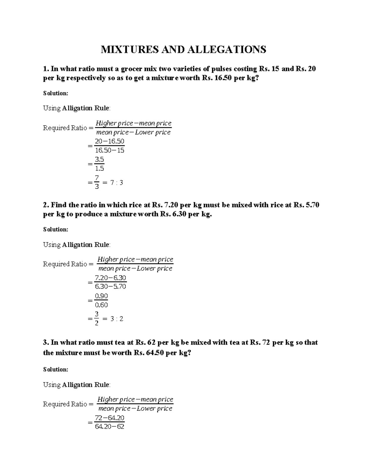 Mixtures and Allegations: Problem Solving Techniques and Solutions ...