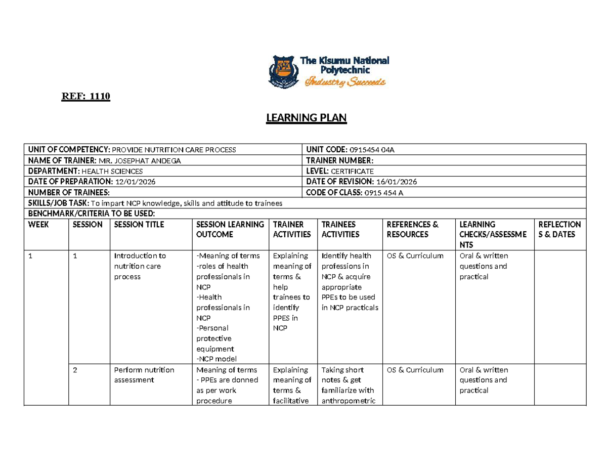 NCP Learning Plan: Nutrition Care Process Guide (0915 454 A) - Studocu