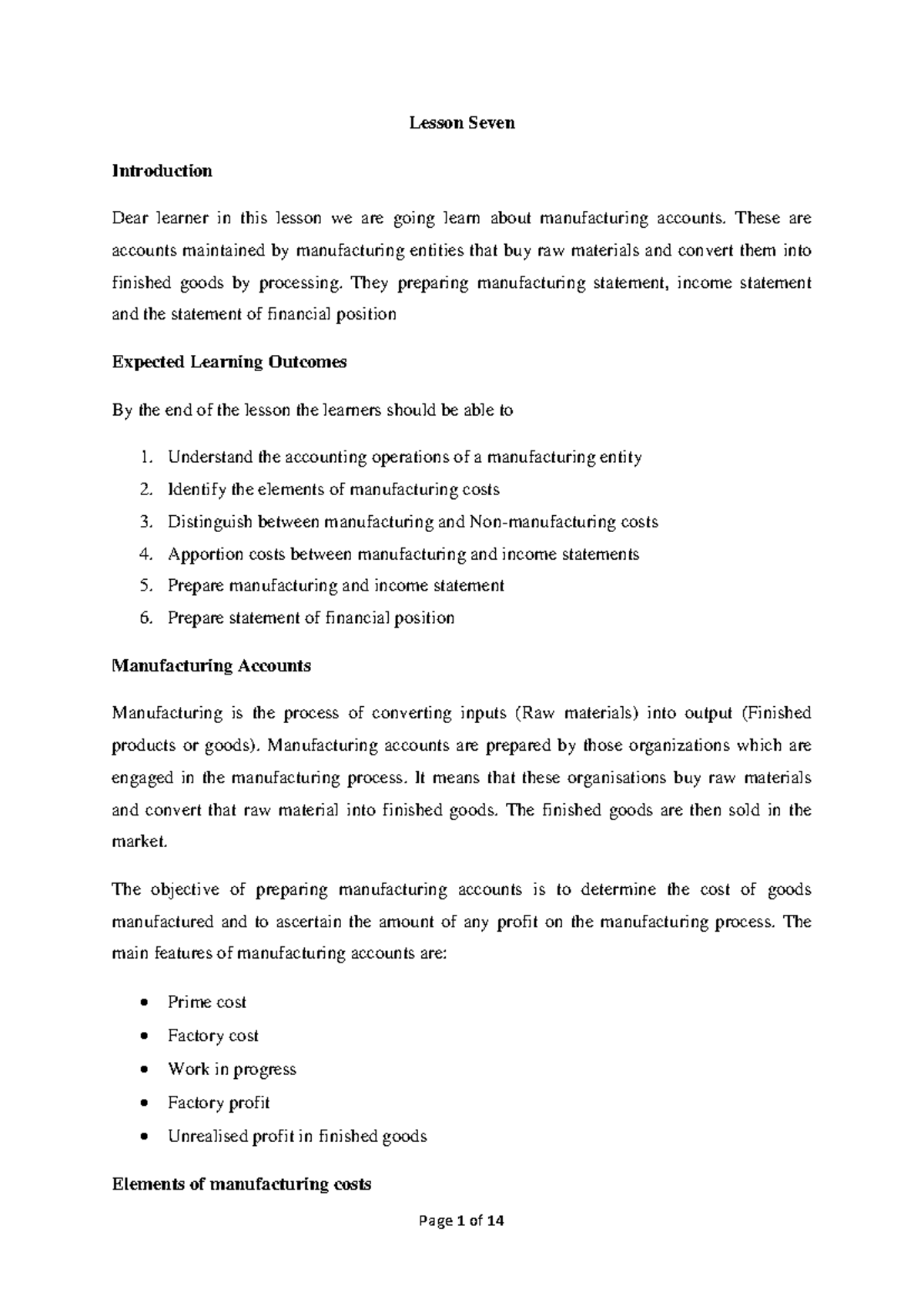 Manufacturing Accounts Overview - Business Management Lesson 7 - Studocu
