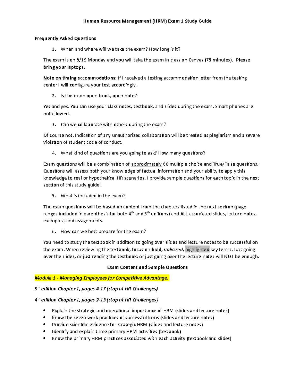 HRM Exam 1 Study Guide - Fall 2022 Insights and FAQs - Studocu