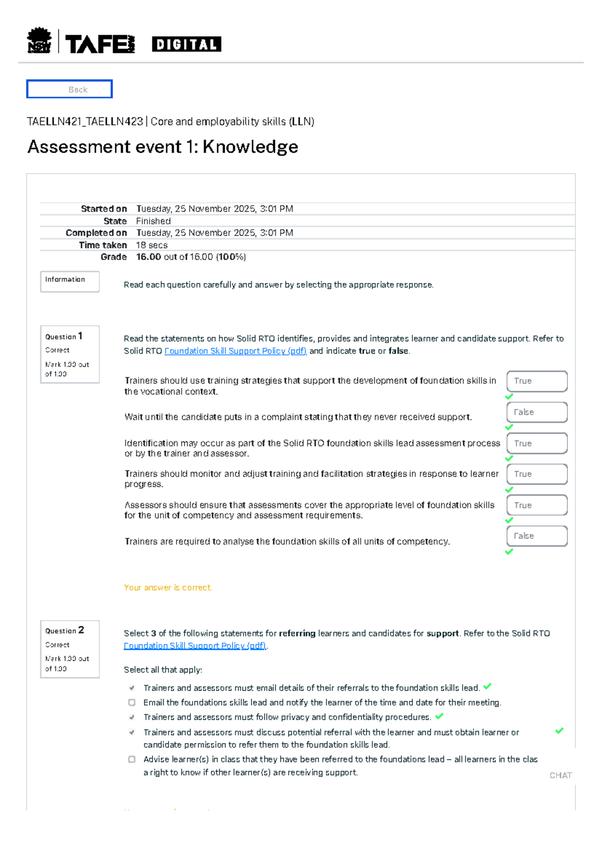 TAELLN421 & TAELLN423 Knowledge Assessment TAFE NSW - Back TAELLN421 ...