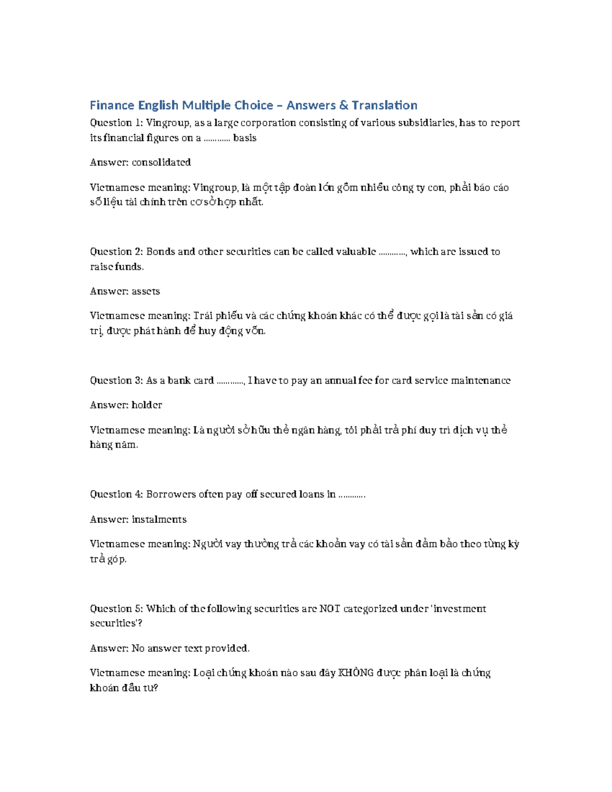 Finance English MCQ Answers Translation (FIN 101) - Studocu