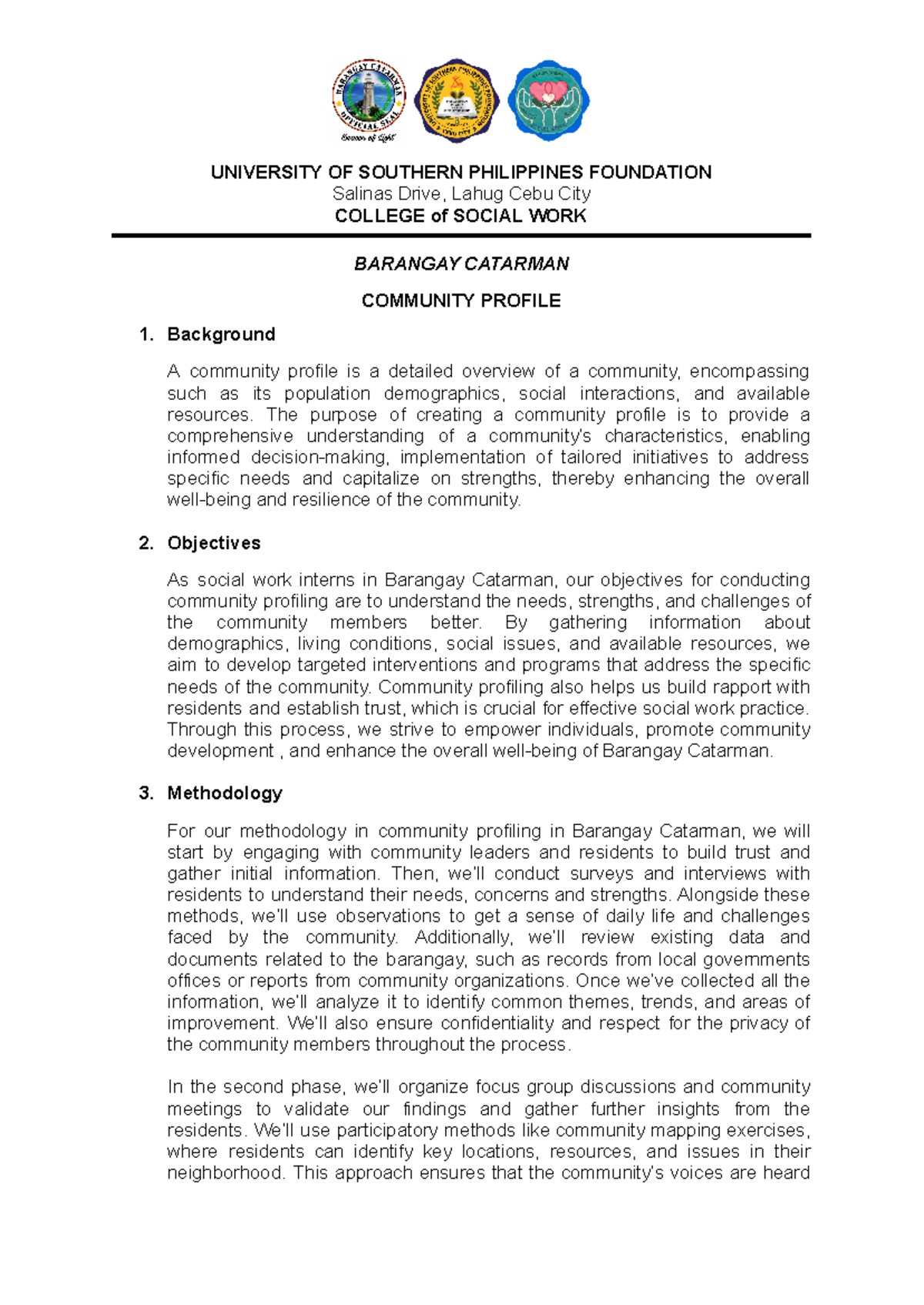 Barangay Catarman Community Profile and Social Work Insights - Studocu