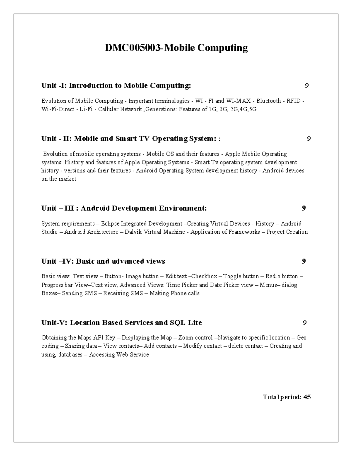 DMC005003 Mobile Computing Syllabus Overview & Unit Breakdown - Studocu