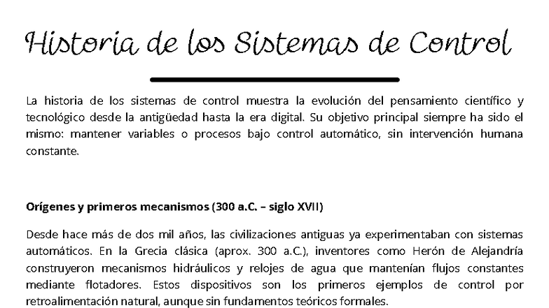 Historia de los Sistemas de Control: Evolución y Avances Clave - Studocu