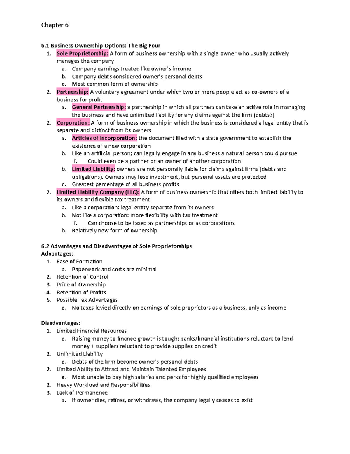 Chapter 6 Summary: Business Ownership Paths in BUSN Intro to Business ...