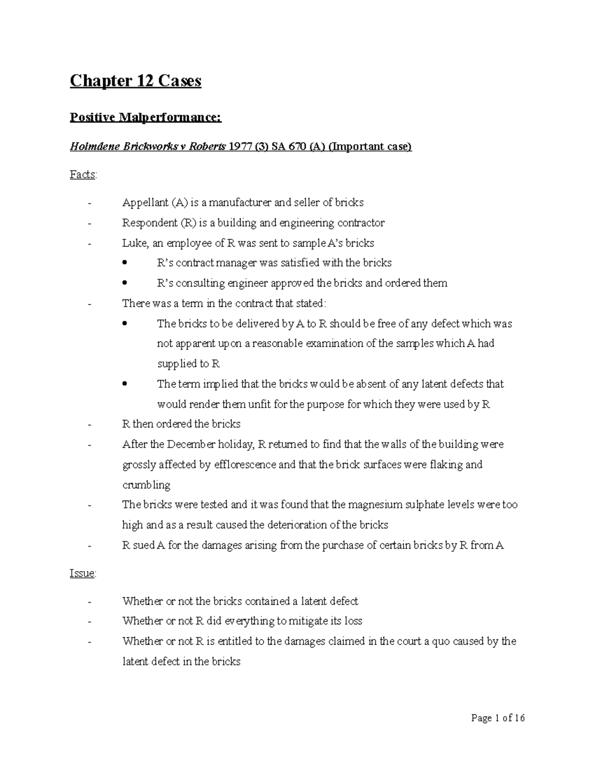 Chapter 12 Cases - Case Notes on Contractual Liability and Breach - Studocu