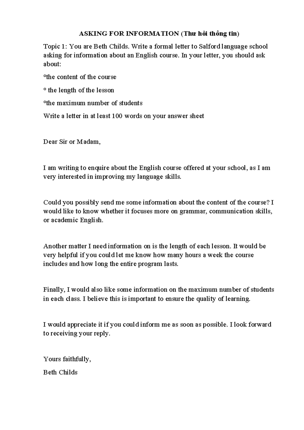 ENGLISH COURSE ENQUIRY LETTER (Tiếng Anh 2) - Studocu