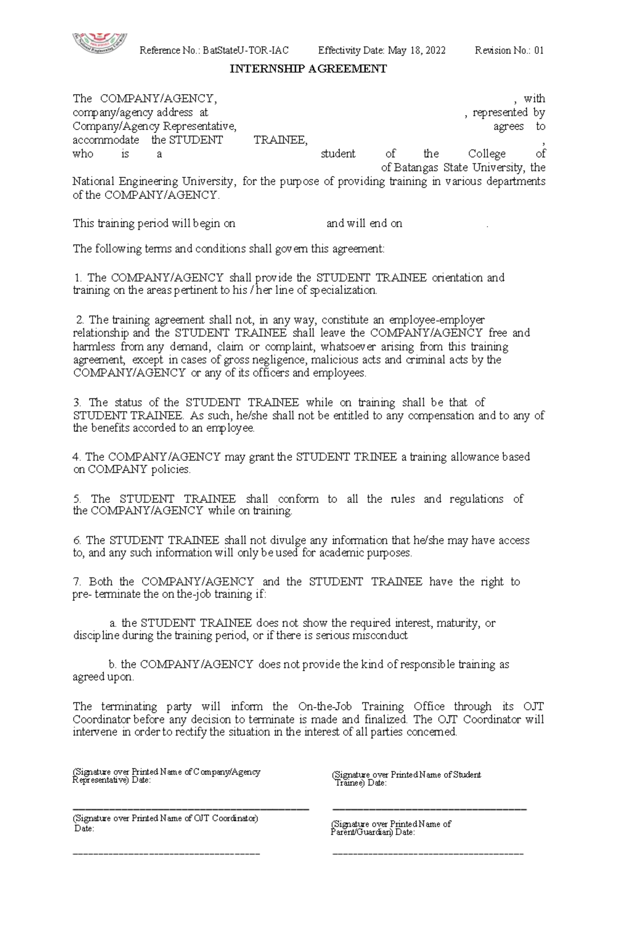 Bat State U-TOR-IAC Internship Agreement - Rev. 01 Document - Studocu