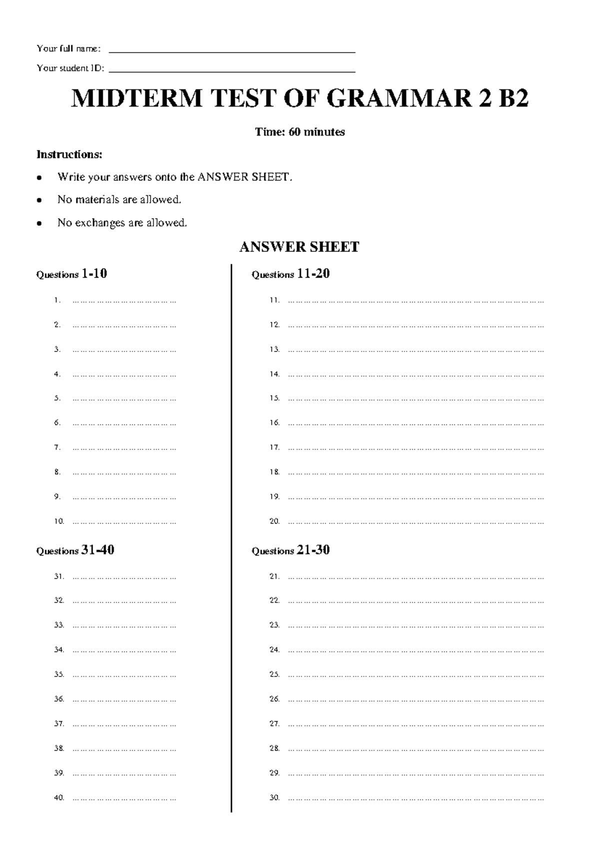MIDTERM TEST OF GRAMMAR 2 B2: Practice Questions and Instructions - Studocu