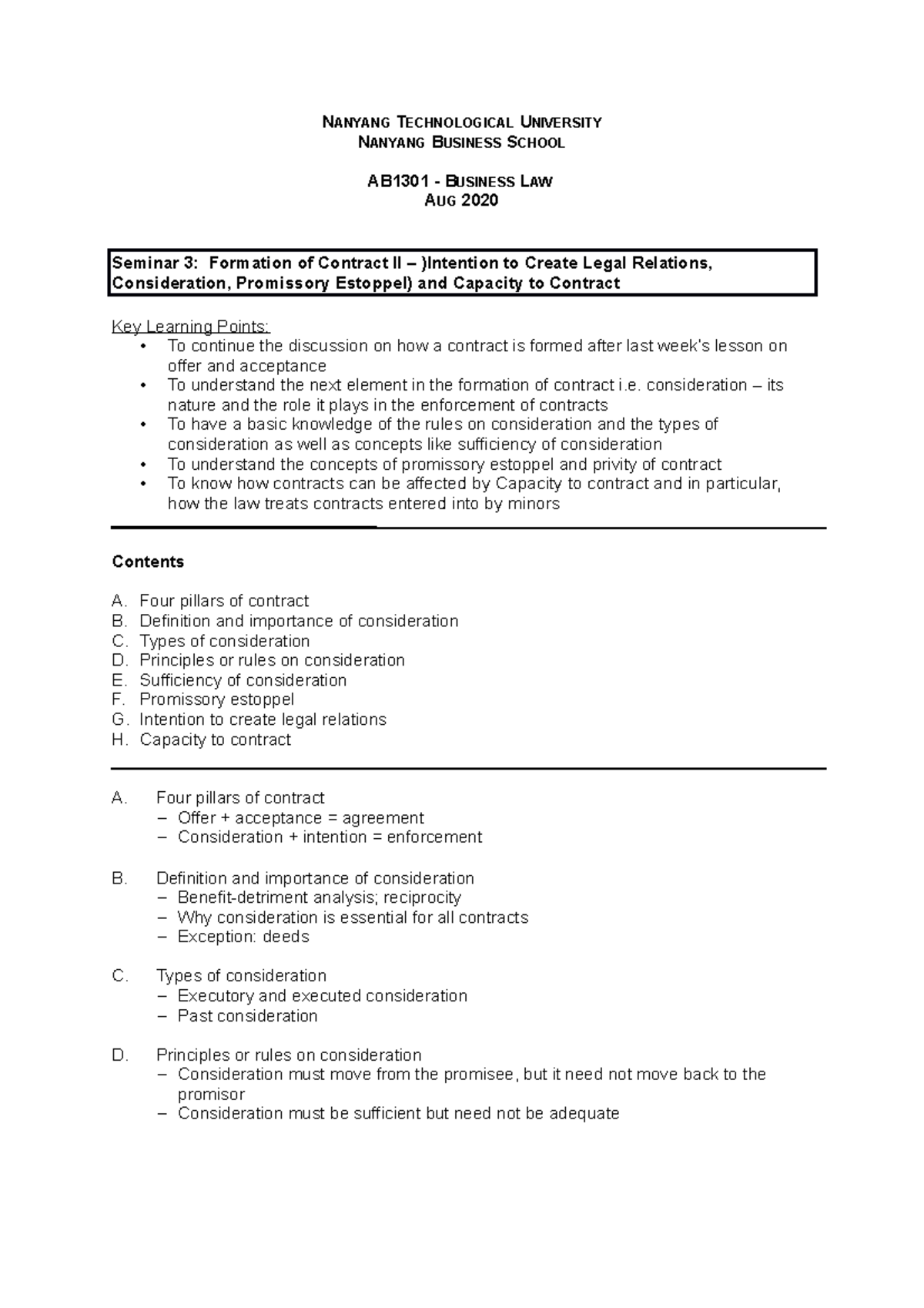AB1301 Seminar 3 Notes: Formation of Contracts & Key Concepts - Studocu