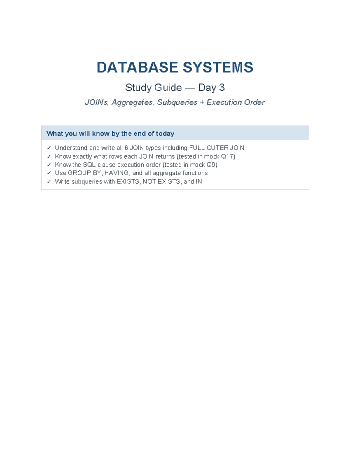 DATABASE SYSTEMS Study Guide: Day 3 on SQL JOINs & Aggregates - Studocu