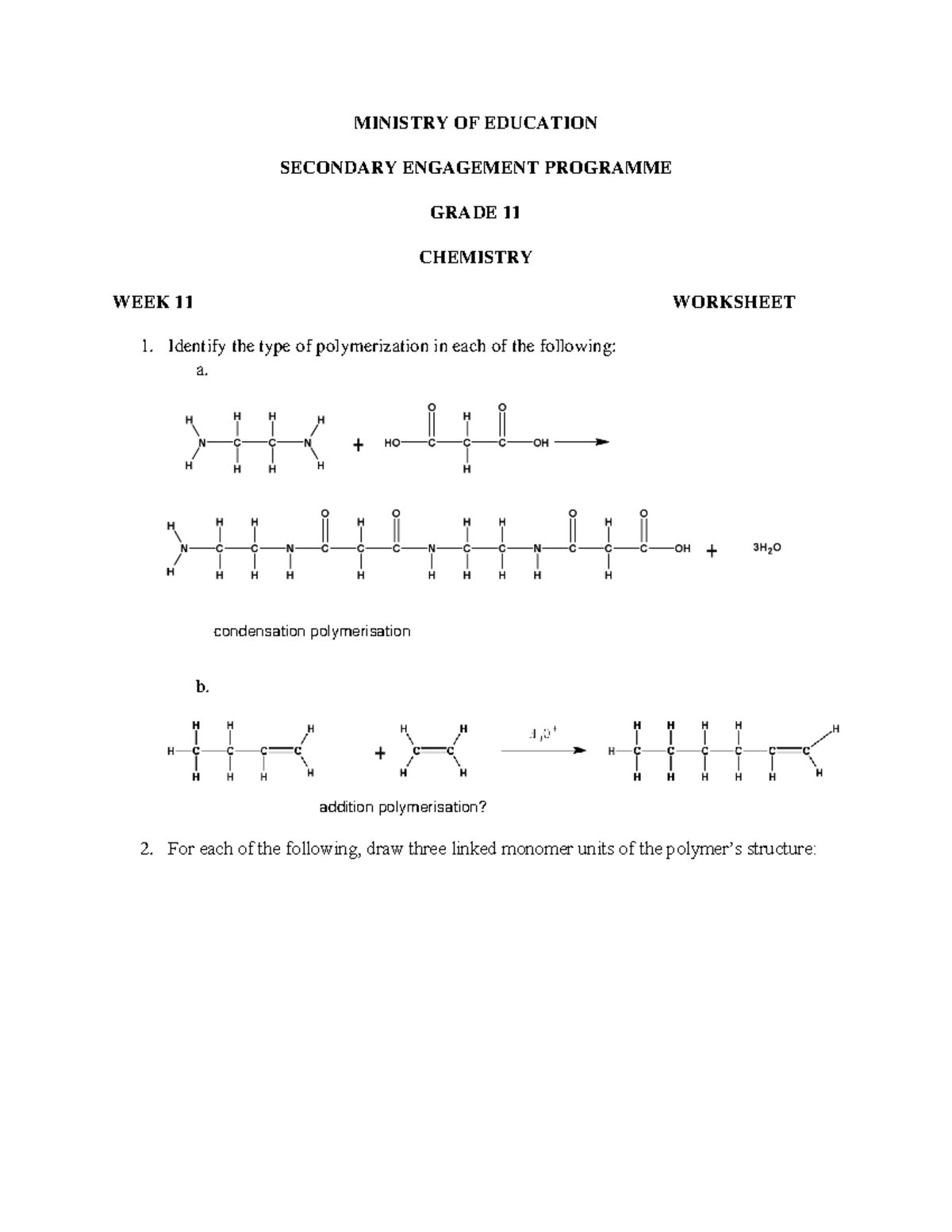Grade 11 Chemistry Week 11 Polymer Worksheet & Answers - Studocu