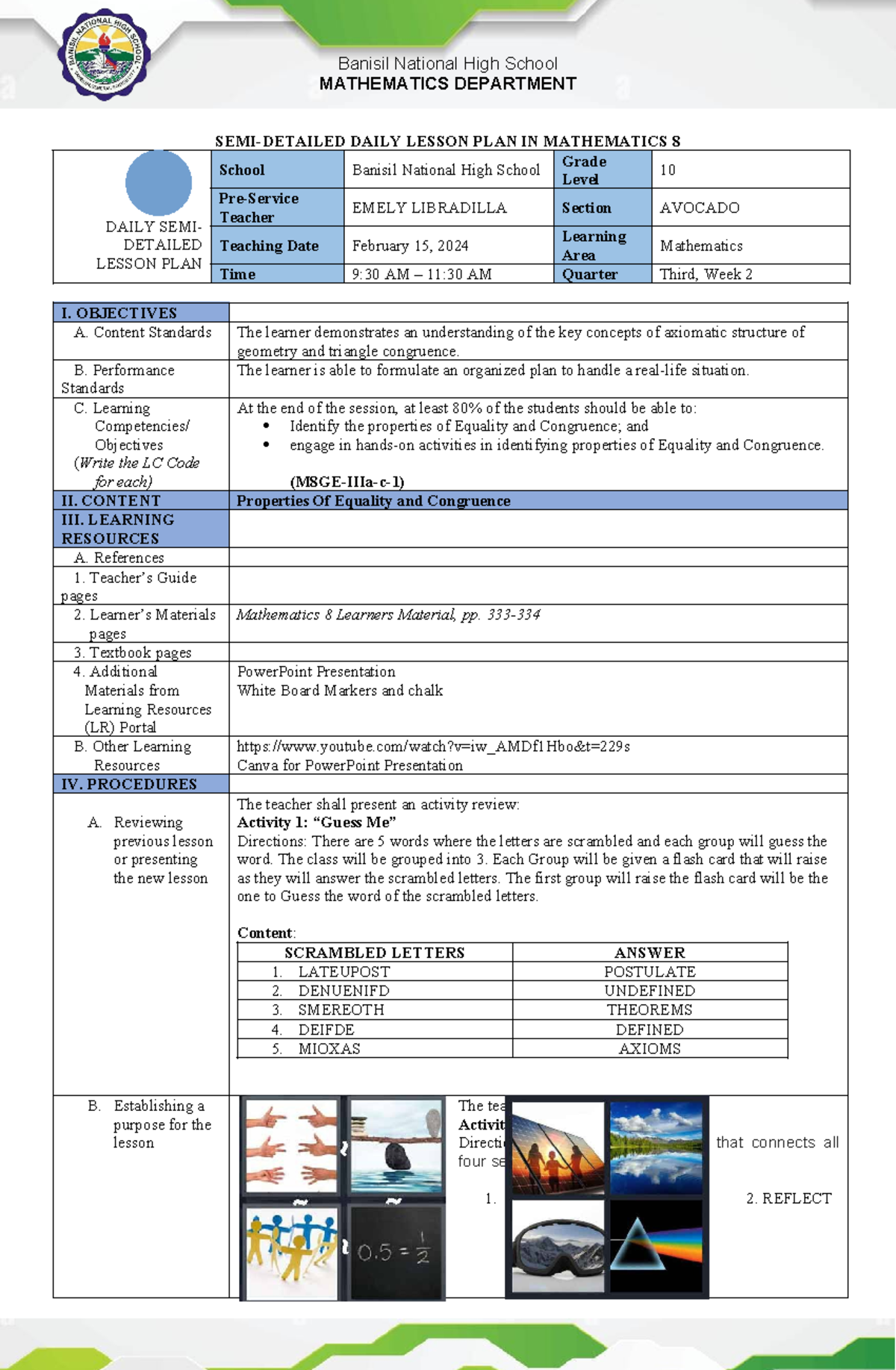 DLP1-Q3W2 - Semi-Detailed Lesson Plan on Properties of Equality ...