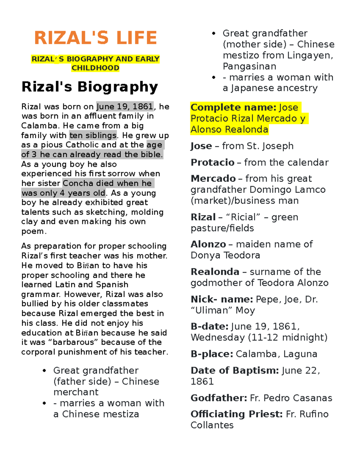 RIZAL: Comprehensive Notes on His Life and Early Education - Studocu