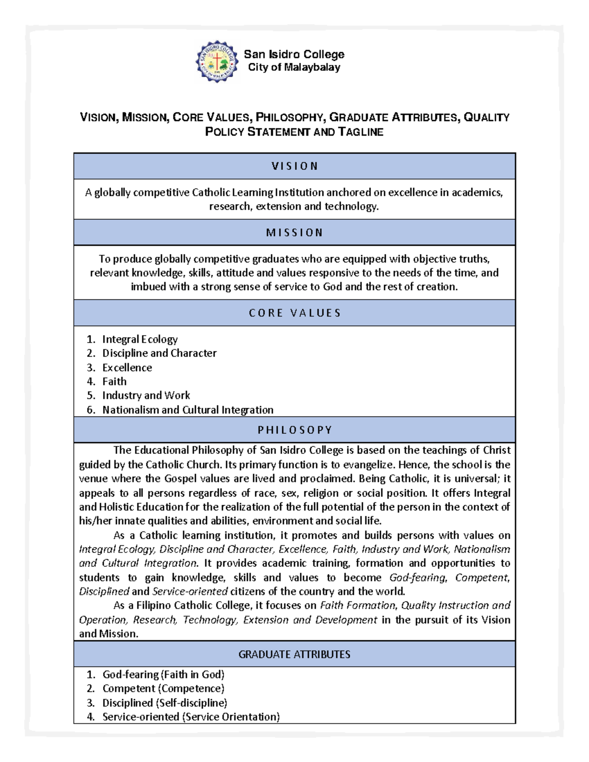 San Isidro College (SIC) Vision, Mission, Core Values & Quality Policy ...