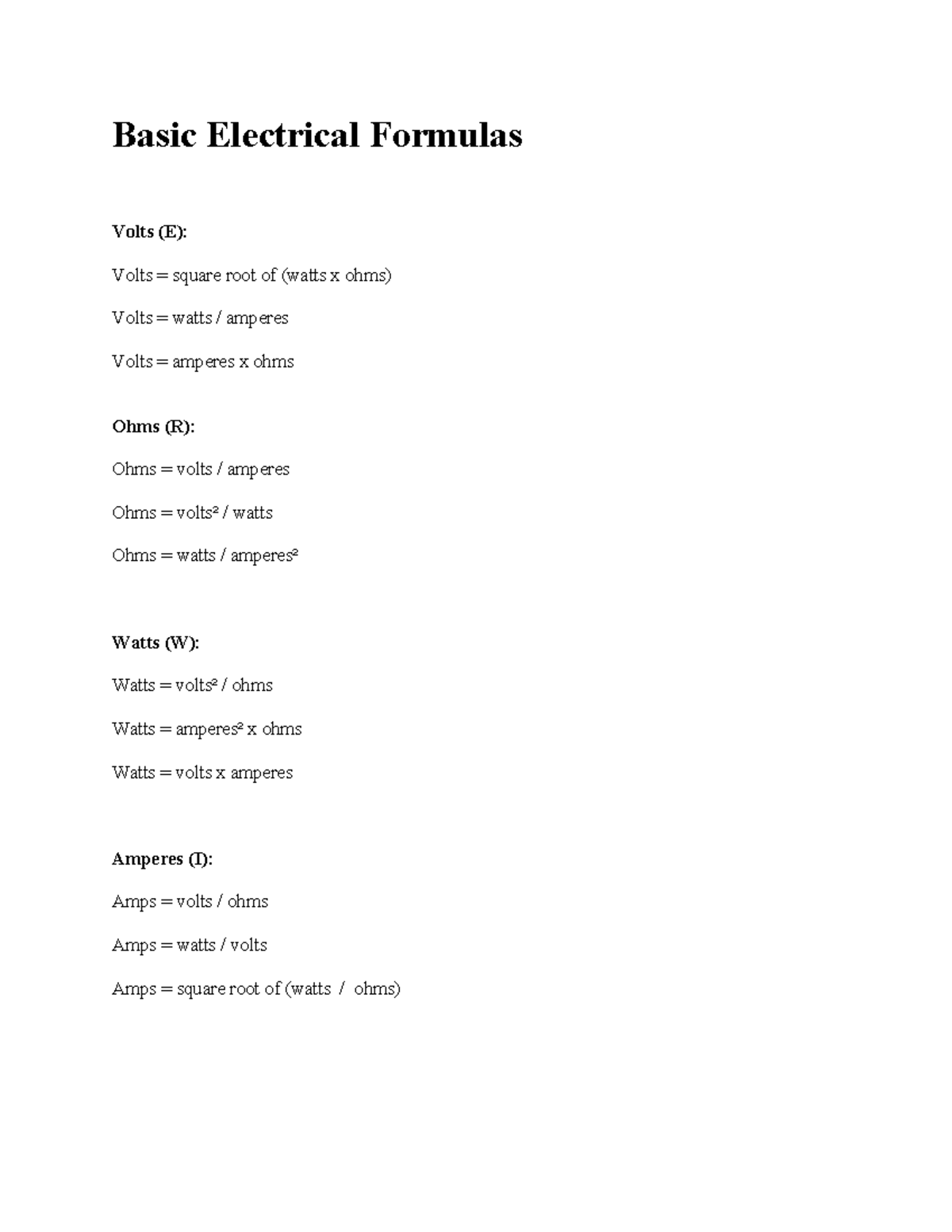 Basic Electrical Formulas - Basic Electrical Formulas Volts (E): Volts ...