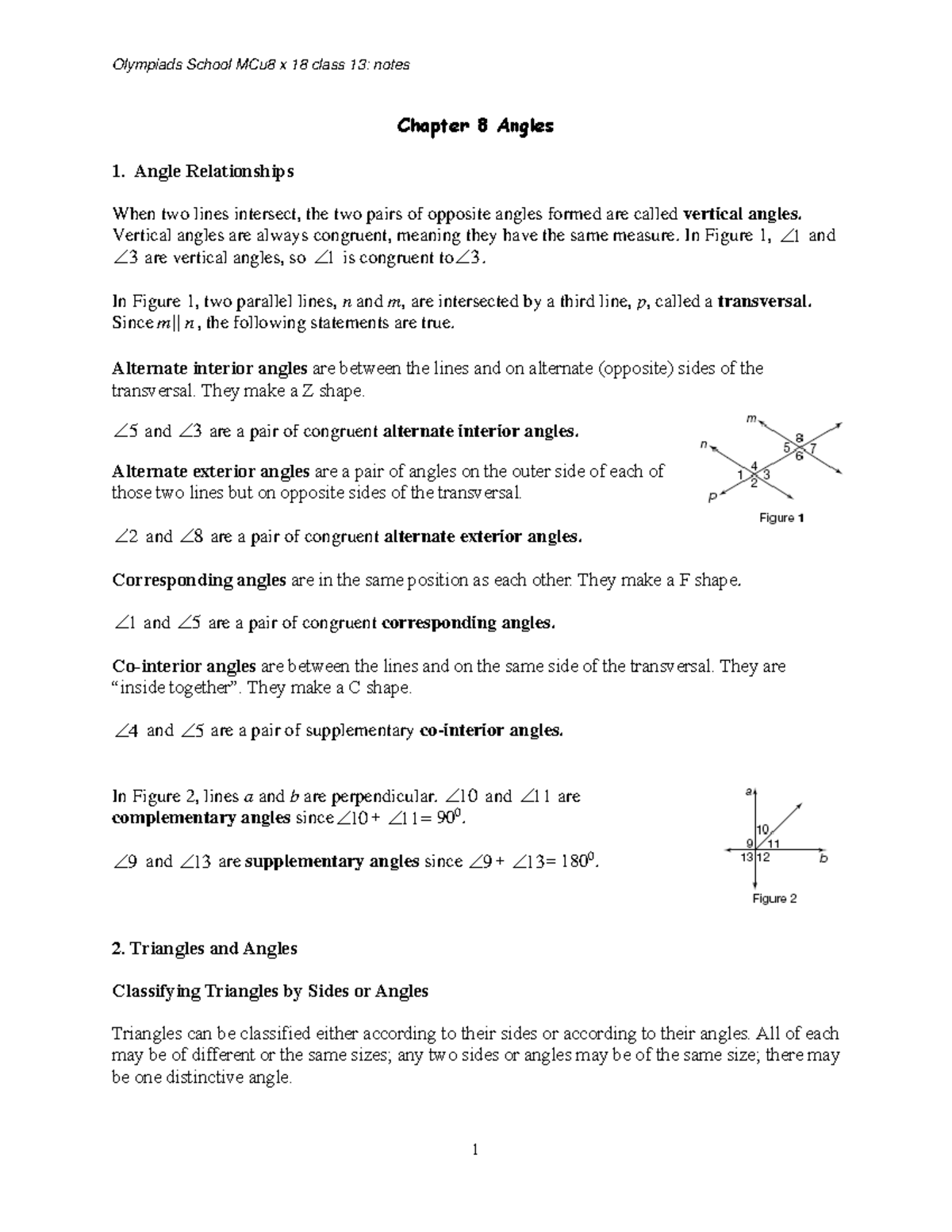 Class 13 Math G8 Notes: Angles and Triangle Classifications - Studocu