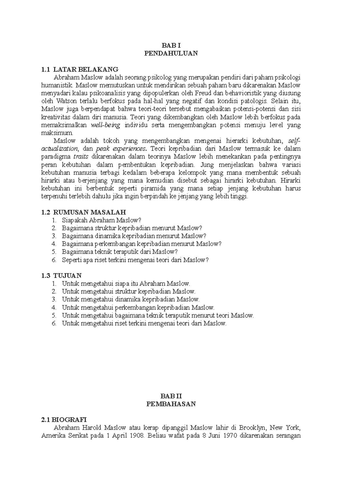 Teori Kepribadian Humanistik Abraham Maslow: Analisis & Pembahasan - Document Preview