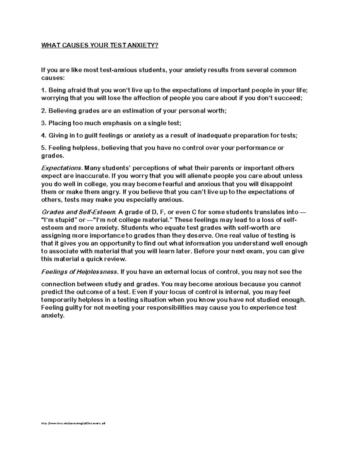 Causes of Test Anxiety and Eliminators - drury/counseling/pdf ...
