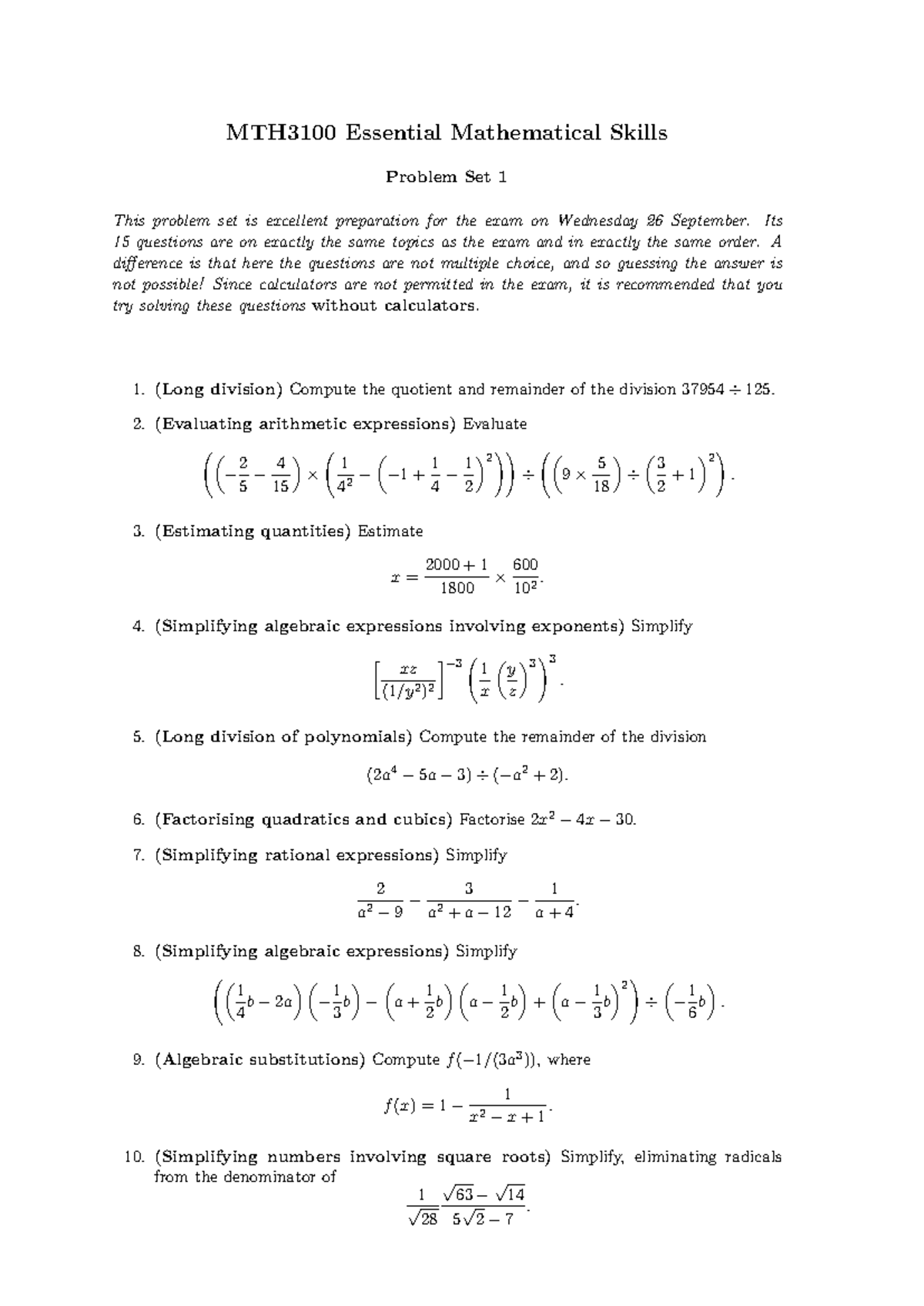 Essential Maths excercises - MTH3100 Essential Mathematical Skills ...
