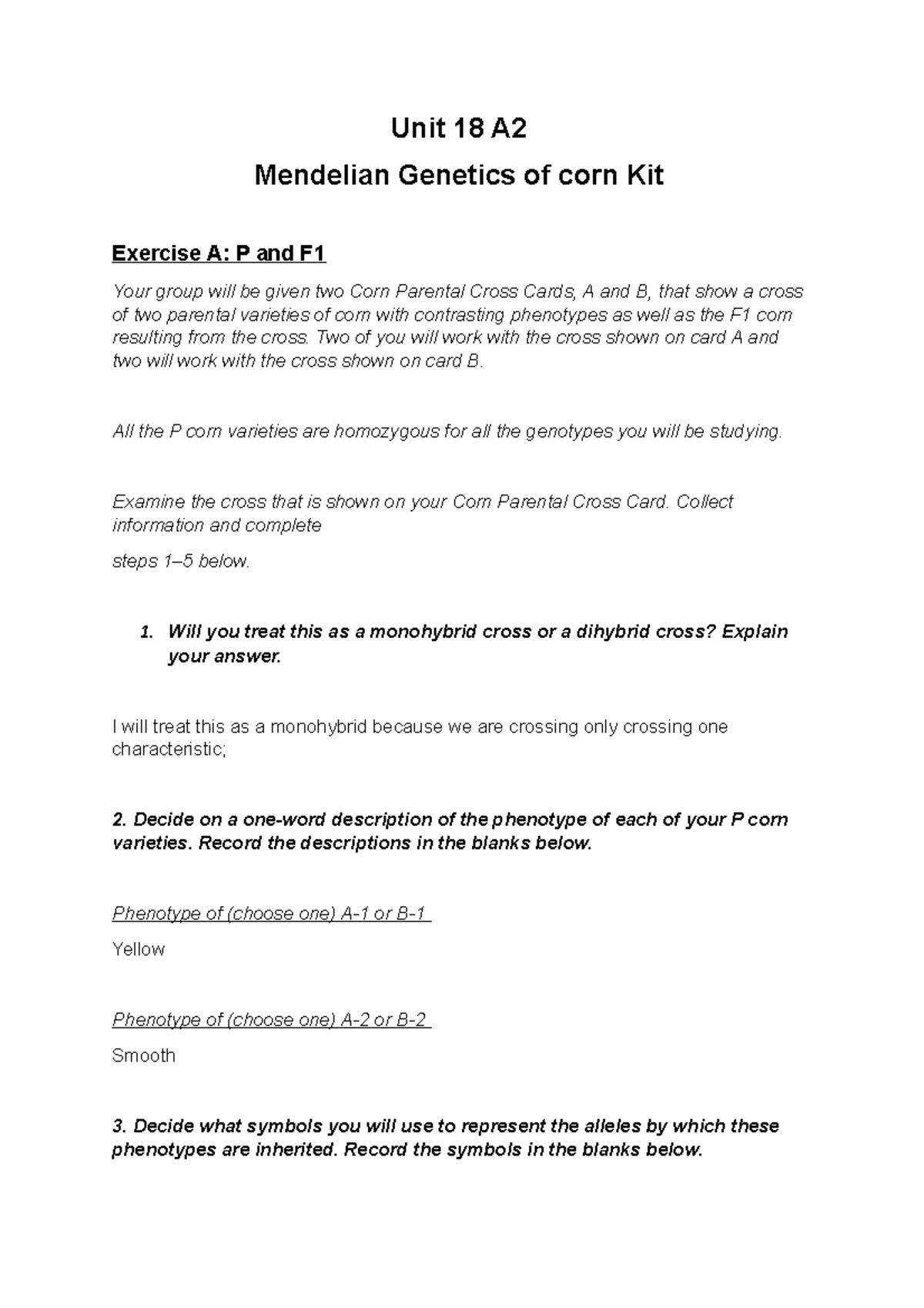 Mendelian Genetics of corn Kit - Unit 18 A Mendelian Genetics of corn ...
