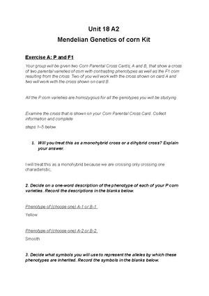 Mendelian Genetics of corn kit Lab Report - UNIT 18 ASSIGNMENT 2 TASK 1 ...