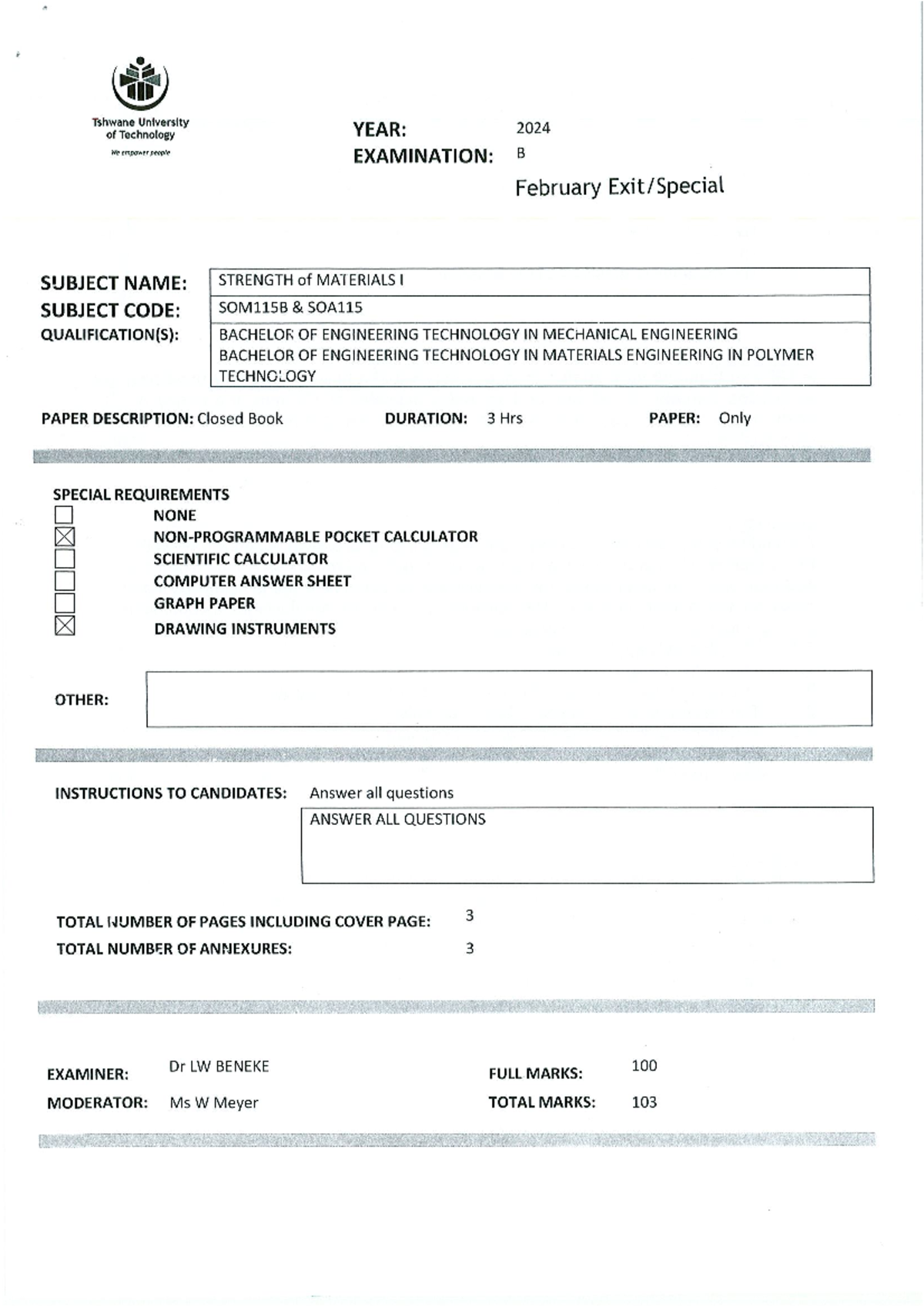 SOM115B Exam Paper: Strength of Materials I Practice Questions - Studocu