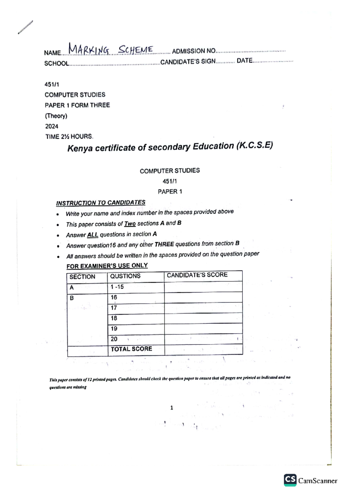 COMP PP1 MS - Marking Scheme for Computer Studies Paper 1 (2024) - Studocu