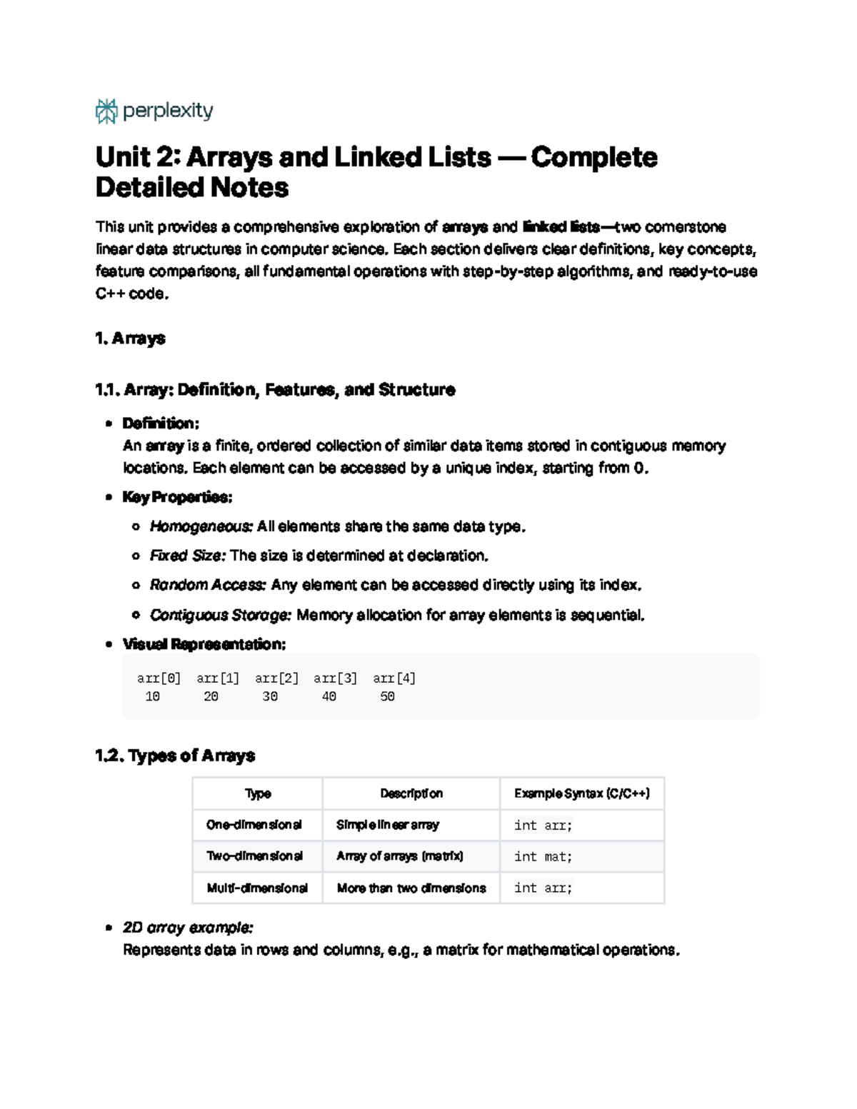 Unit 2: Arrays & Linked Lists - Comprehensive Study Notes - Studocu