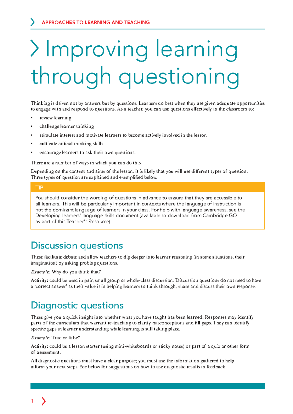 APPROACHES TO LEARNING AND TEACHING: Enhancing Learning via Questions ...