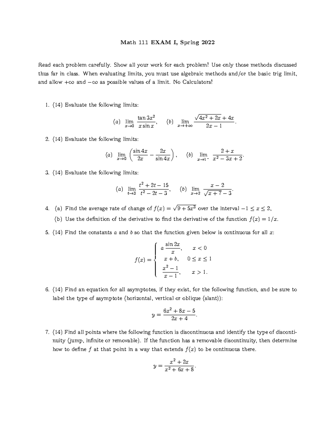 Math 111 Exam I Review - Spring 2022 Study Guide - Studocu
