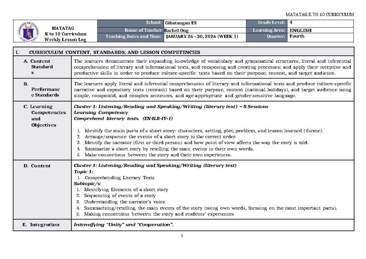 DTC DLL Matatag English 4 Q4 W1: Weekly Lesson Log on Short Stories ...