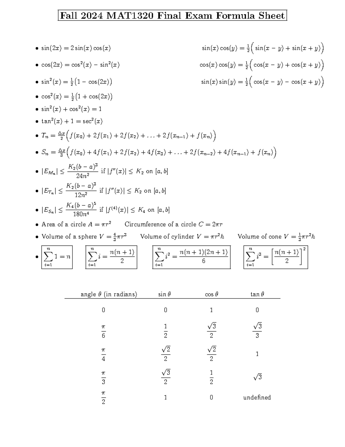 MAT1320-Final Exam: Comprehensive Formula Sheet for Fall 2024 - Studocu