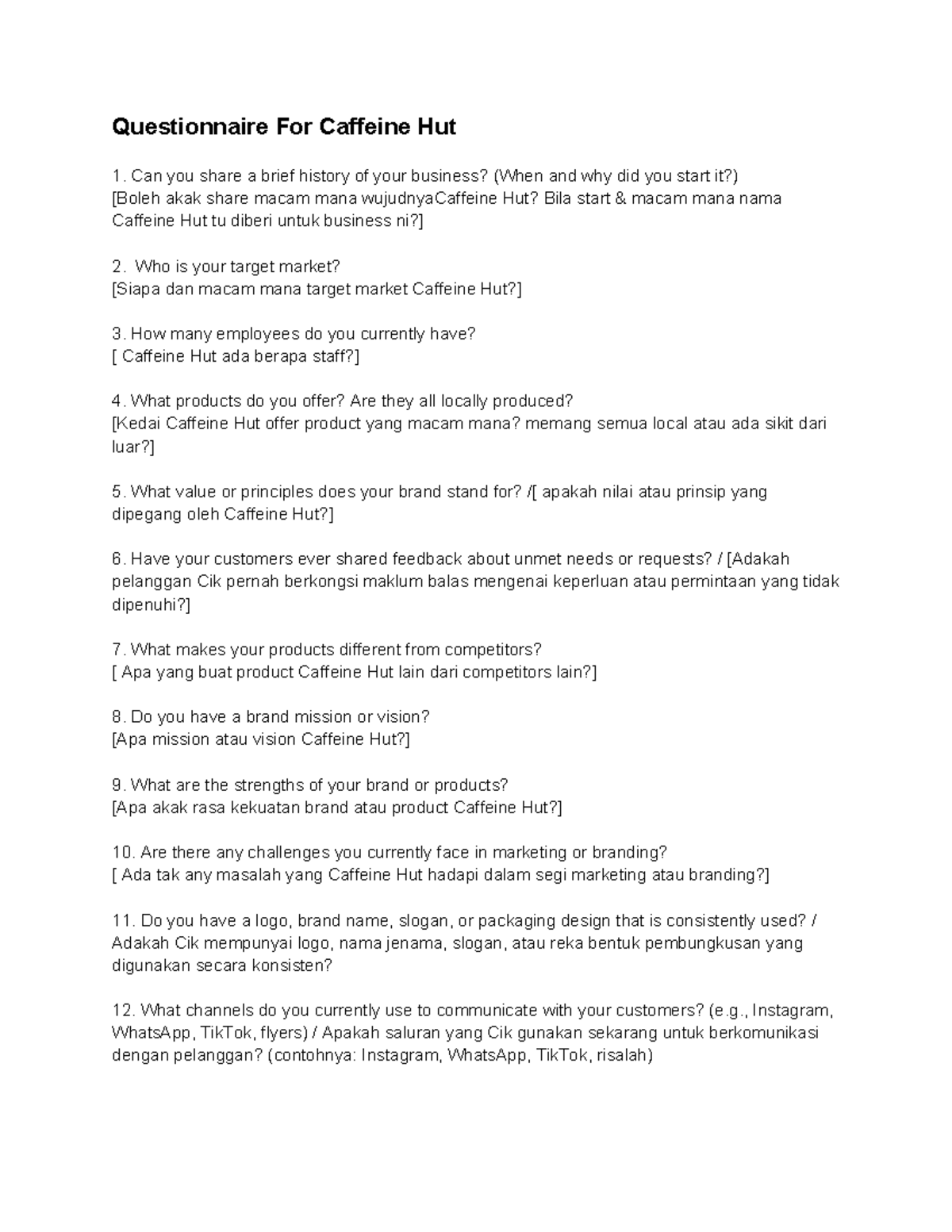 Caffeine Hut Business Insights Questionnaire - Studocu