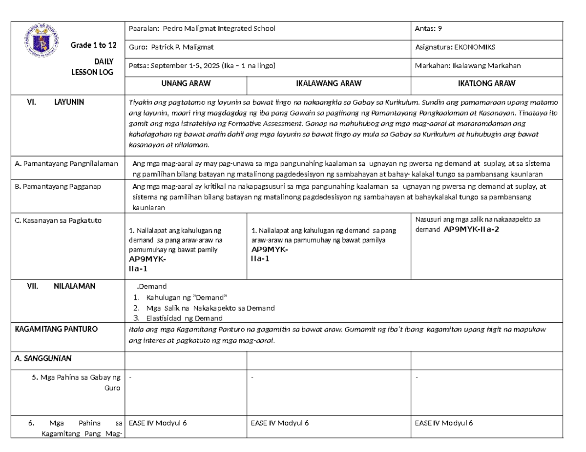 DLL AP 9 Q2 WEEK 1 - Lesson Log for EKONOMIKS - Studocu