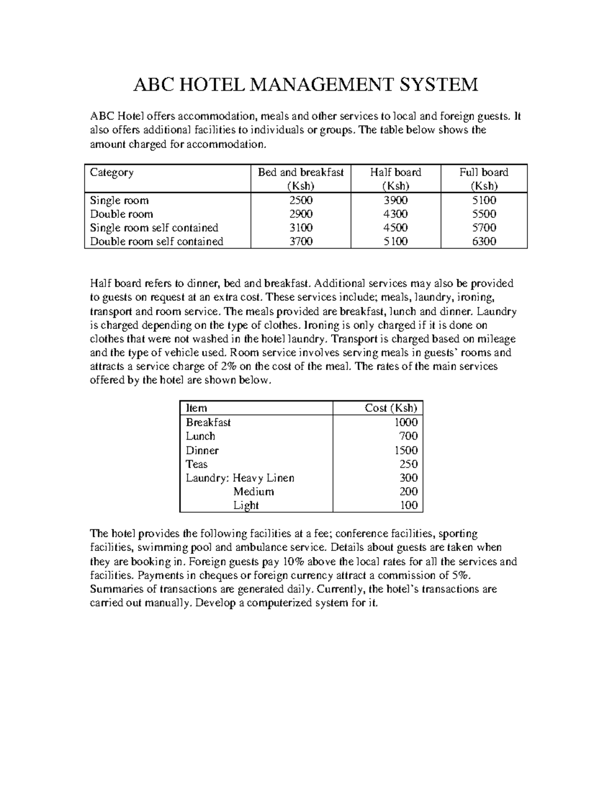 2009 ABC Hotel Management System: Comprehensive Service Overview - Studocu