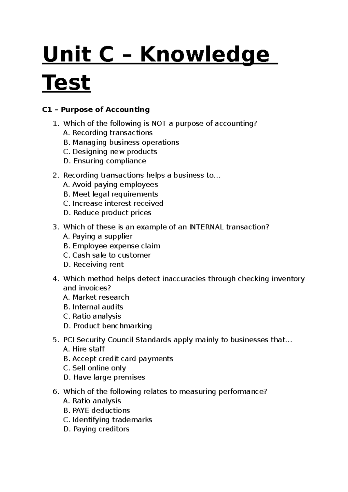 Unit C Knowledge Test: Purpose of Accounting and Expenditure Types ...